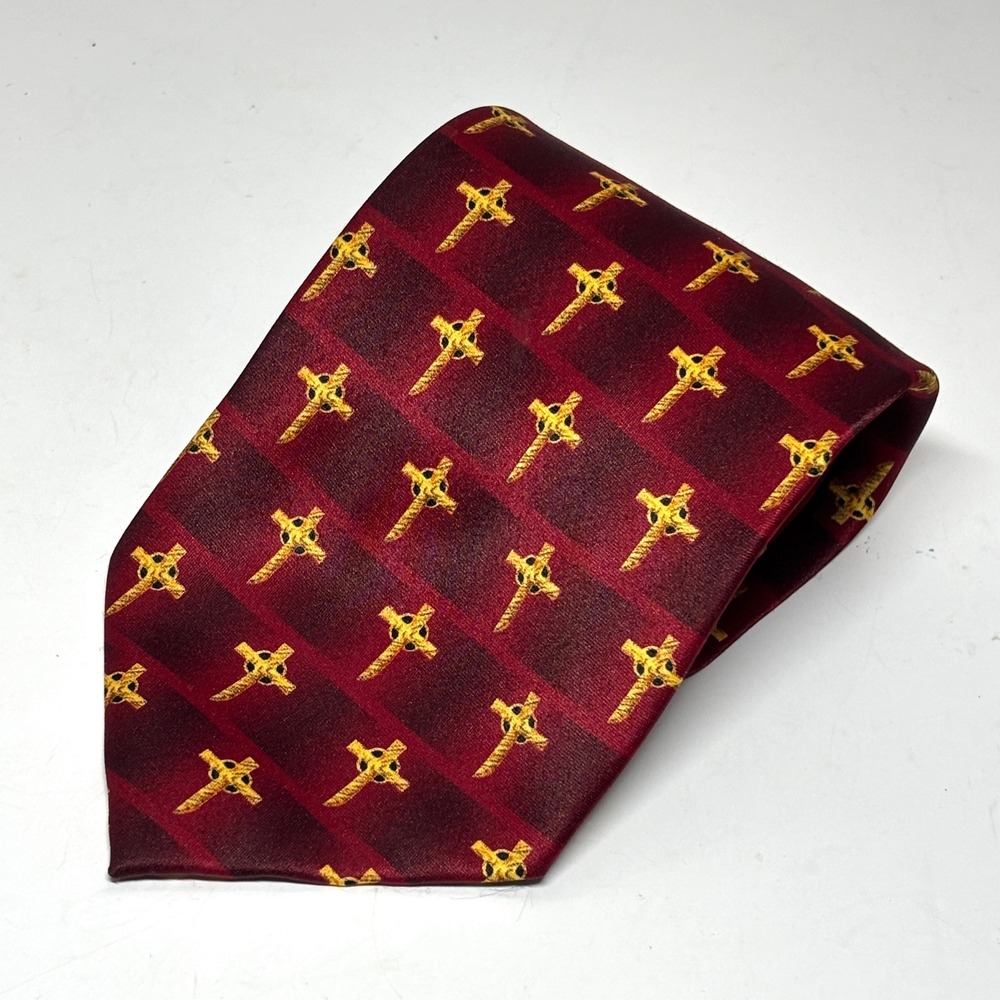 Parquet Necktie Mens OS Burgundy Red Gold Celtic Cross Embroidered Tie Religious